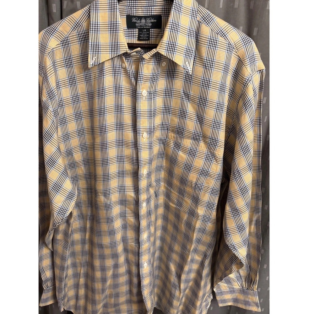 Brooks Brothers Country Club Mens L Yellow Navy Plaid Egyptian Cotton Shirt USA